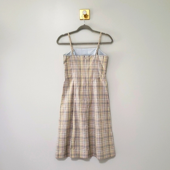J. Crew Midi Dress 2 Tan Plaid Spaghetti Strap 100% Cotton Cottage Preppy Casual - Picture 5 of 15